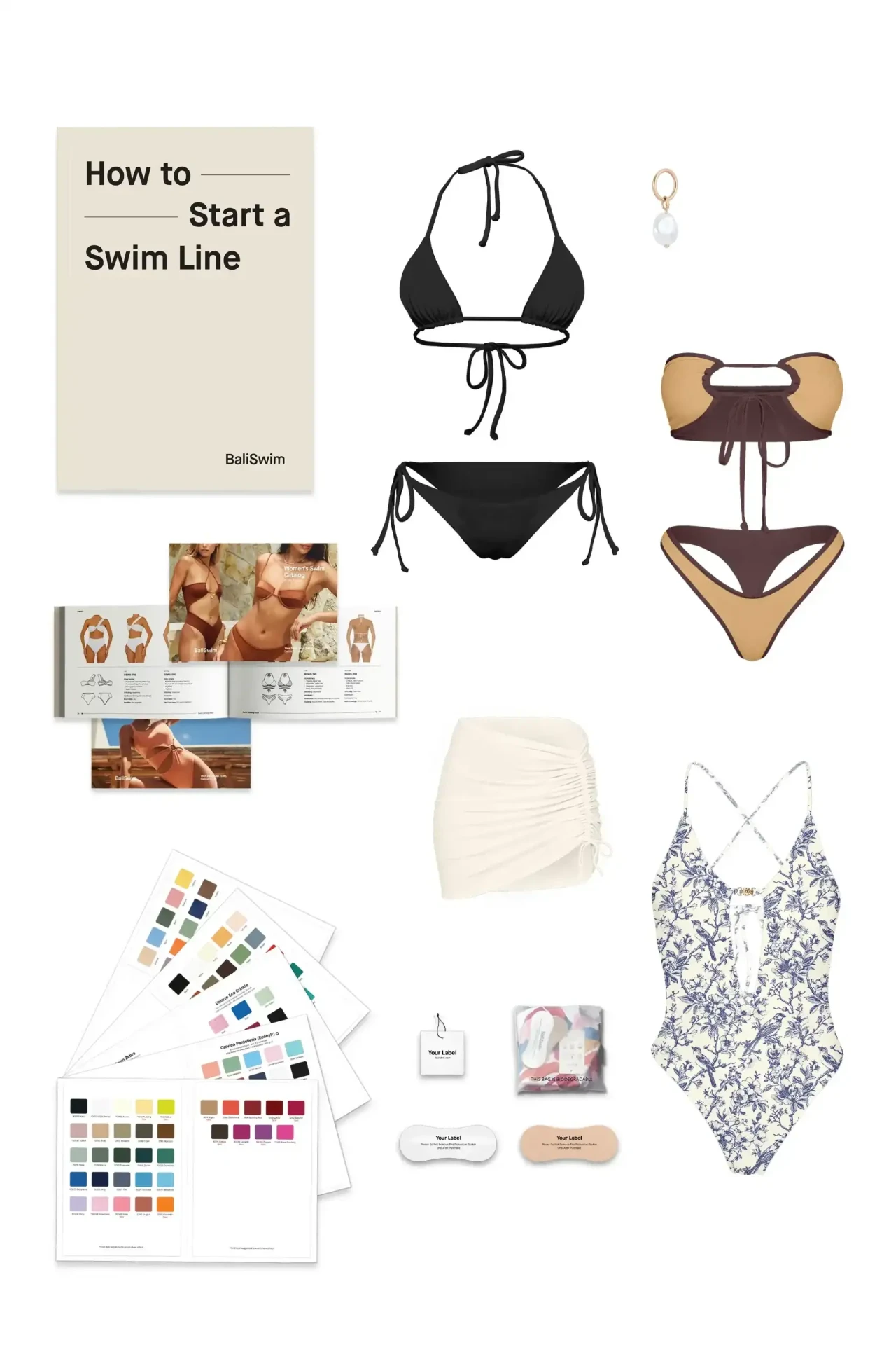 Starter Kit flatlay with the founder guide, fabric swatch cards, catalog and sample garments