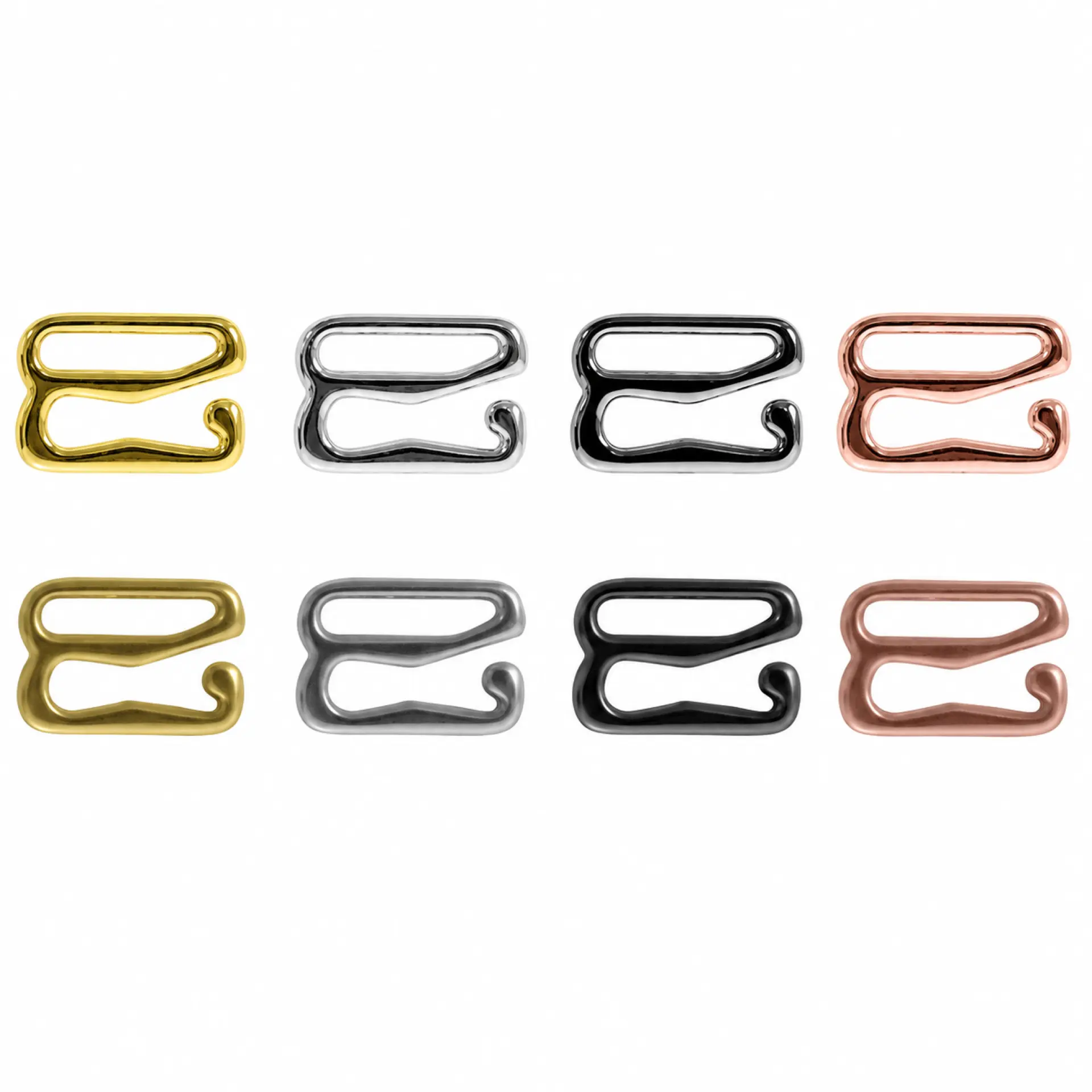 Hook finishes in gold, silver, gun and rose gold, gloss and matte