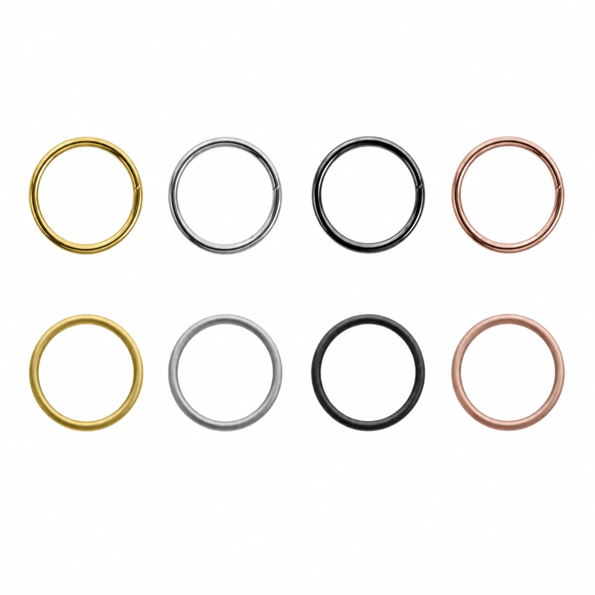 Ring finishes in gold, silver, gun and rose gold, gloss and matte
