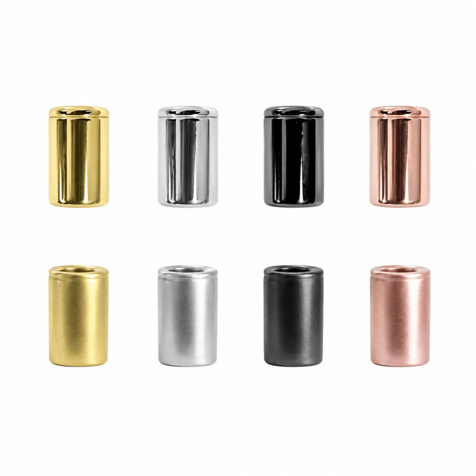 Stopper finishes in gold, silver, gun and rose gold, gloss and matte
