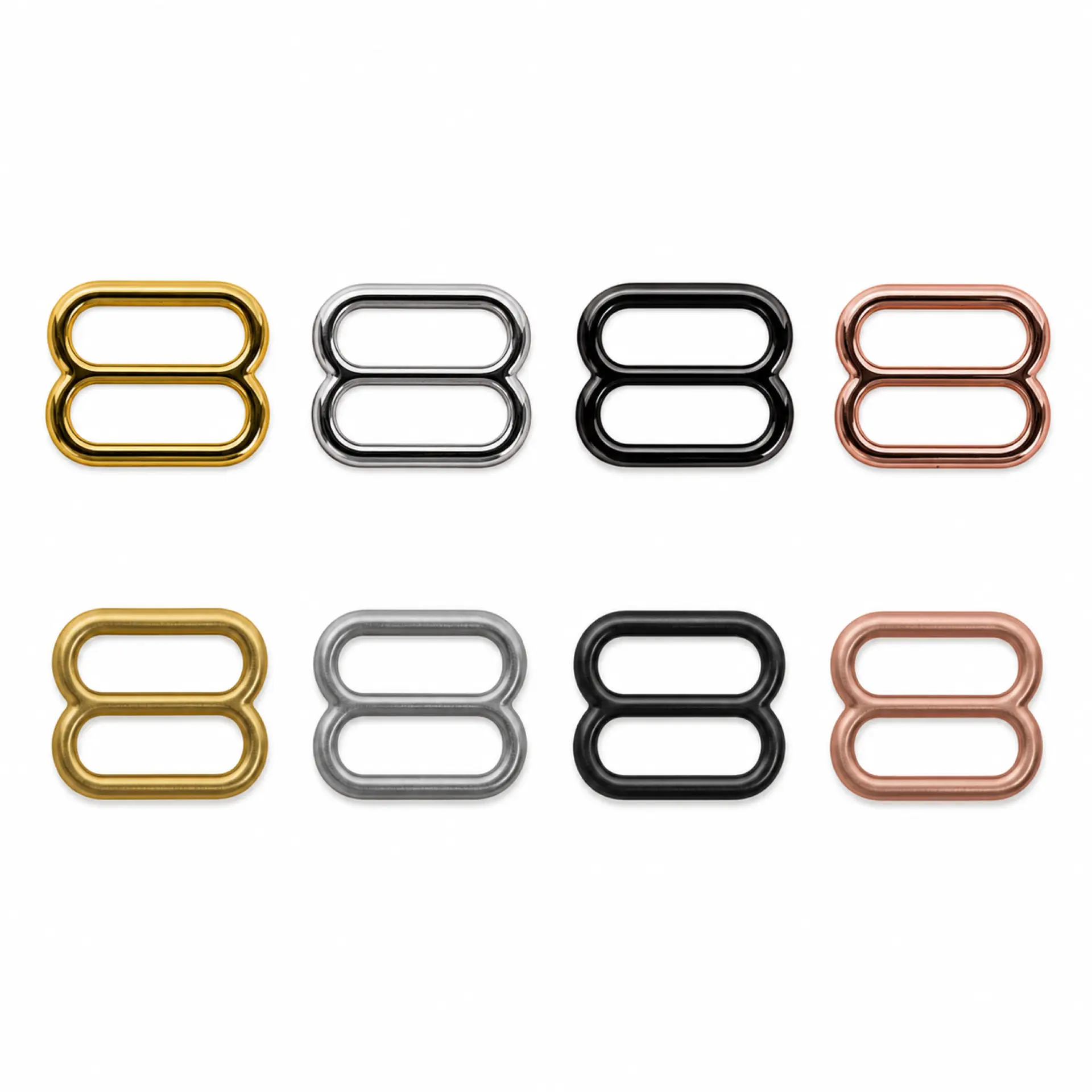 Slider and ring finishes in gold, silver, gun and rose gold, gloss and matte
