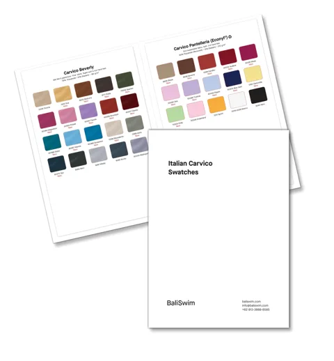 Bali Swim Italian Carvico swatch book with Beverly and Pantelleria fabric colors