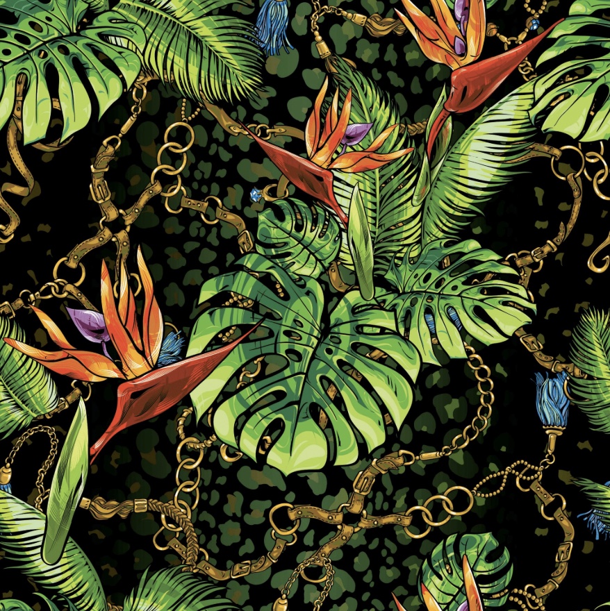 Forest Gala tropical print on swim fabric