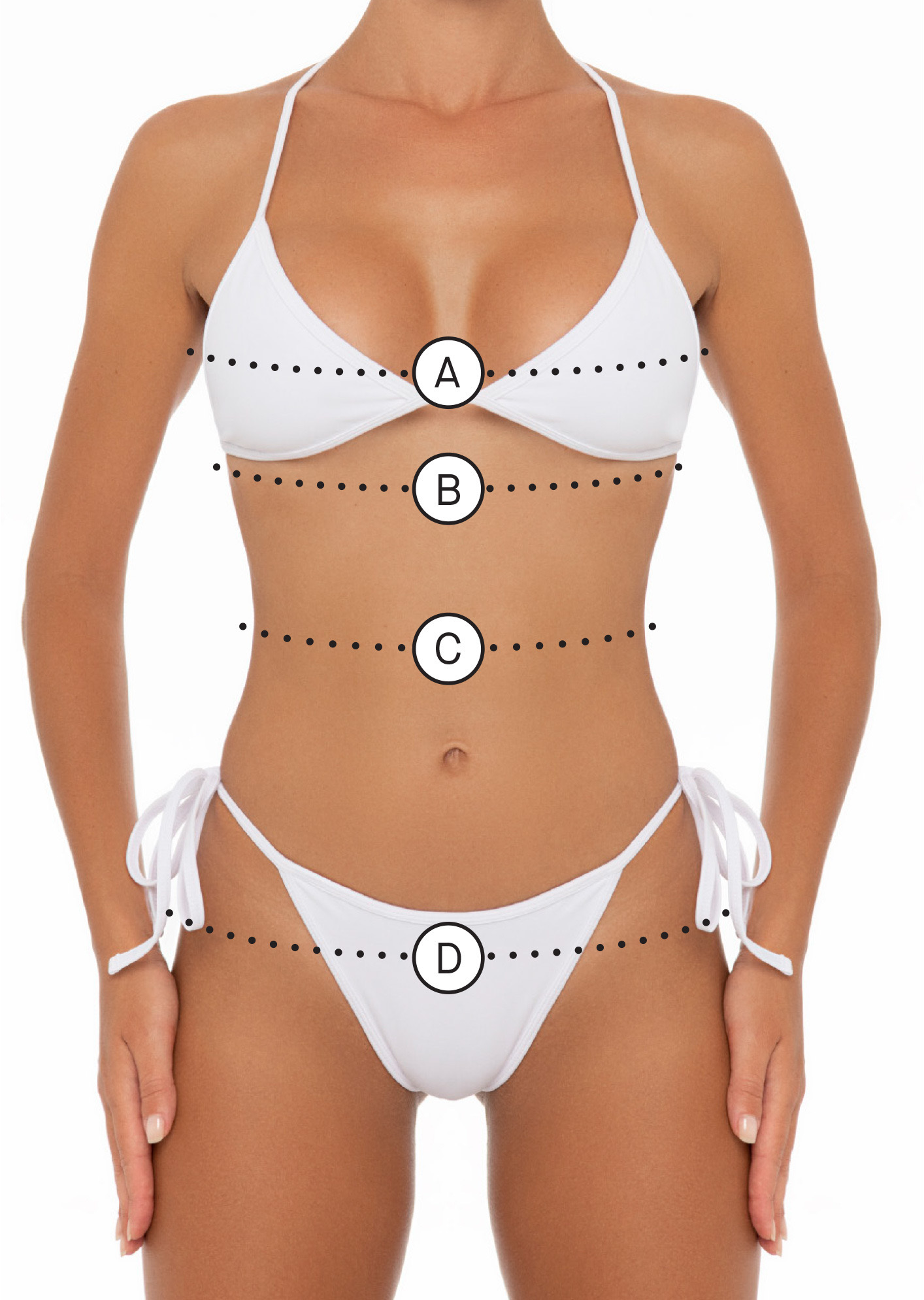 Women's swimwear body measurement reference showing bust, underbust, waist and hip positions
