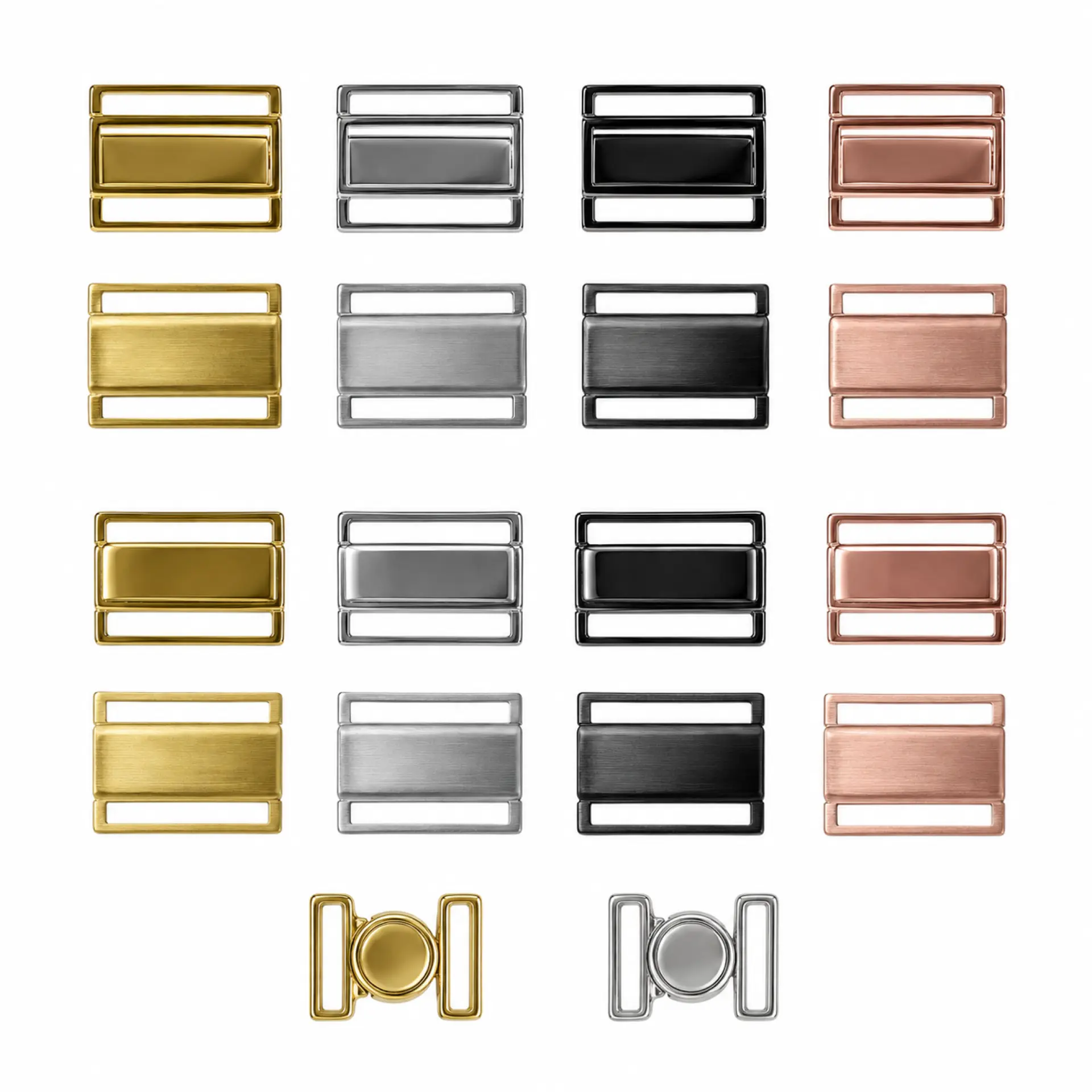 Three clasp types shown in gold, silver, gun and rose gold finishes