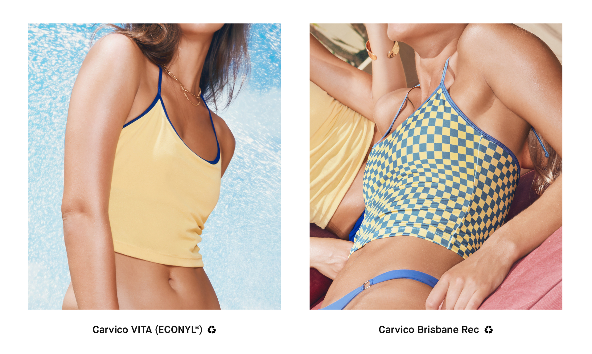 Same bikini silhouette side by side, one solid Carvico VITA and one printed Brisbane REC. 
