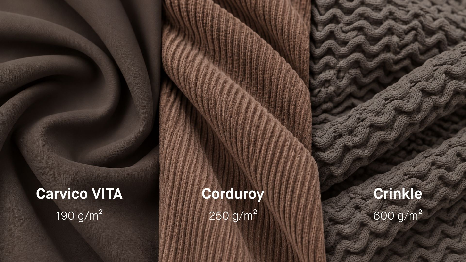 Swim fabrics at 190, 250 and 600 g/m² folded side by side
